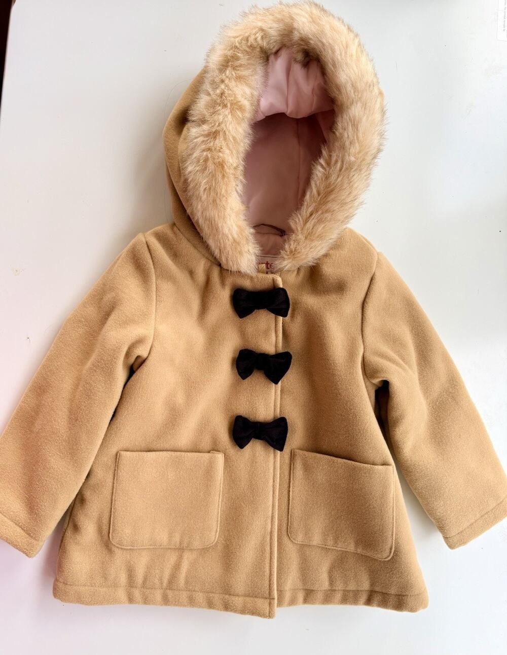 Carter's Coat Toddler 2T Girls Tan Hooded Bow Front Fur Trim Pockets Baby Jacket
